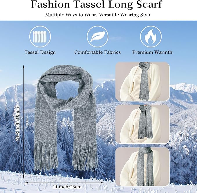 Winter Warm Beanie Hat Touchscreen Gloves Long Scarf Set for Women with Headband, Knit Cap Scarves with Tassel for Women