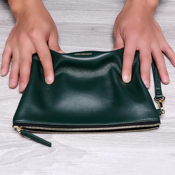 DORIS&JACKY Lambskin Leather Wristlet Clutch Purse for Women Soft Designer Slim Cell Phone Pouch Bag with Detachable Strap