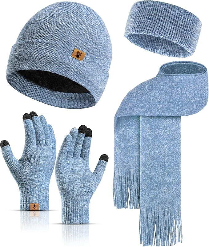 Winter Warm Beanie Hat Touchscreen Gloves Long Scarf Set for Women with Headband, Knit Cap Scarves with Tassel for Women