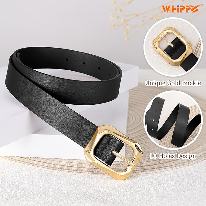 WHIPPY Women's Leather Belts with Gold Buckle Casual Fashion Ladies Waist Belts for Jeans Pants Dresses