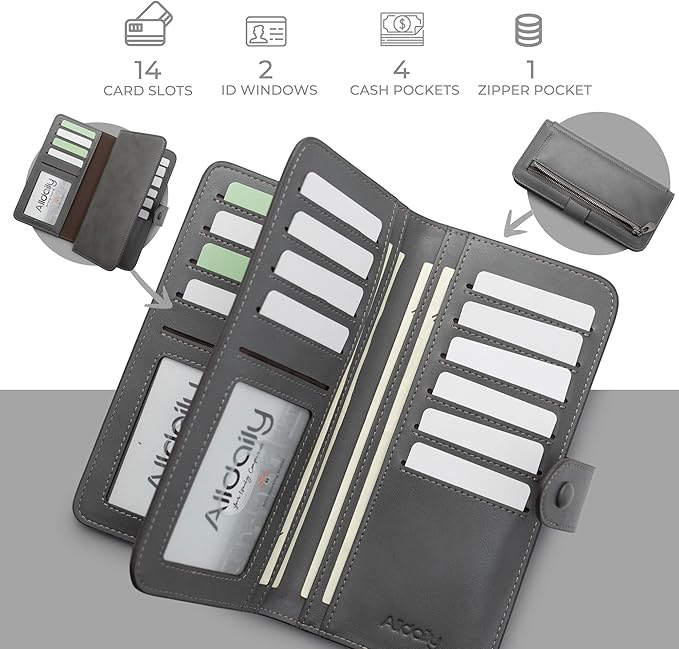 RFID Blocking Leather Wallet for Women, Slim Trifold with 14 Card Slots and Zipper Pocket (Grey)
