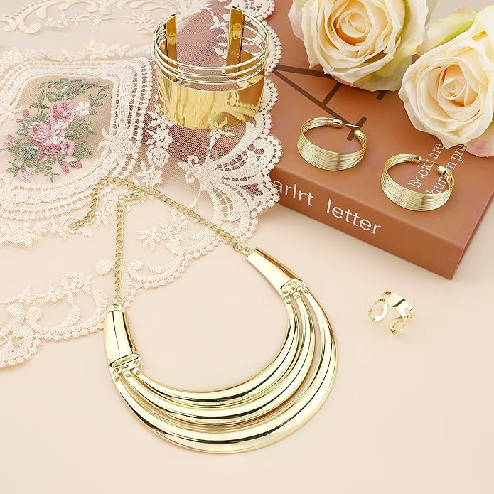 JOERICA Bib Choker Necklace Silver Gold Jewelry Set Wide Cuff Bangle Bracelet Open Hoop Earrings Adjustable Ring Chunky Silver Gold Statement Costume Jewelry Set for Women