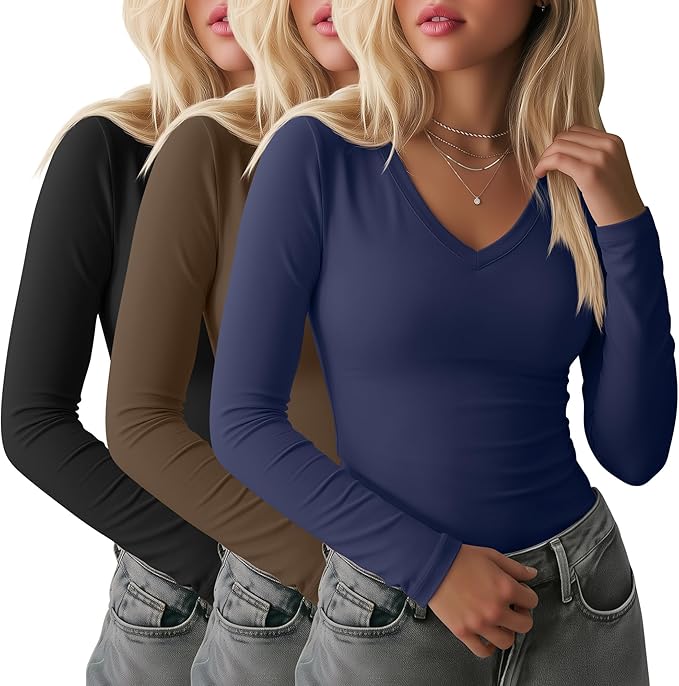 Ficerd 3 Pack Women's Long Sleeve Shirts, V Neck Basic Tees Slim Fitted Casual Fall Tops Going Out Blouses T Shirts