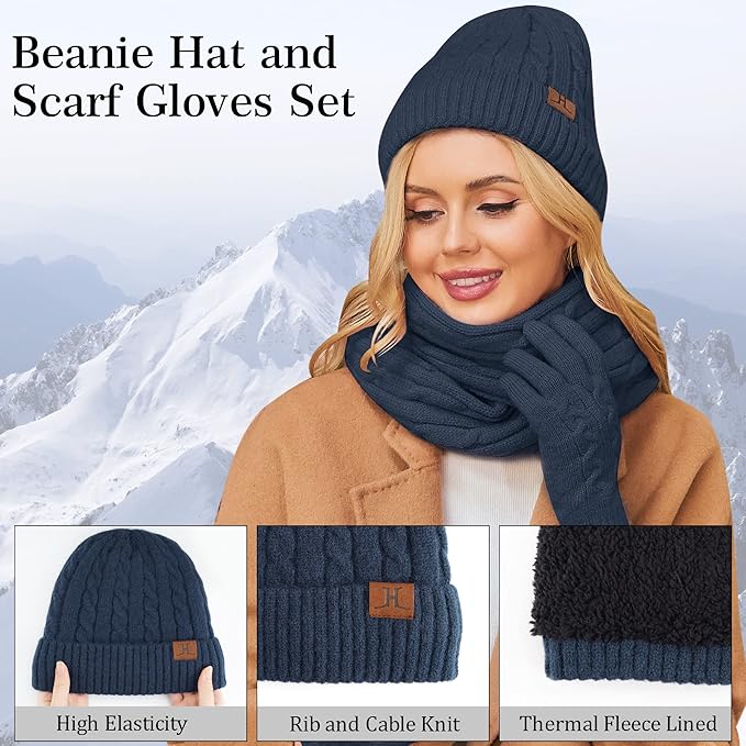 Womens Winter Beanie Hats Long Scarf Touchscreen Gloves Set Warm Knit Skull Caps Gifts for Women