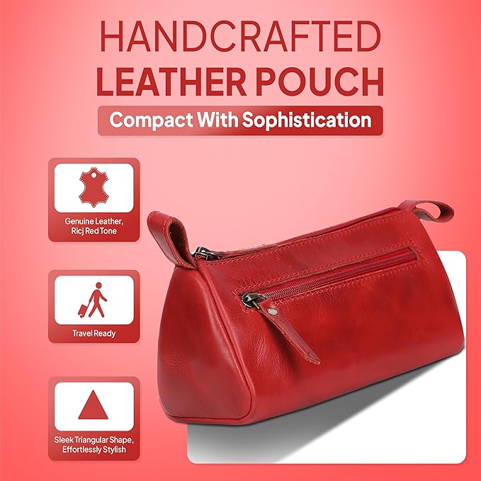 Red Leather Cosmetic Bags For Women - Leather Makeup Bag for Purse, Small Cosmetic Pouch for Travel, Handmade Make Up Case for Purses, Cute Make up Essential Small Makeup Pouch for Daily Use