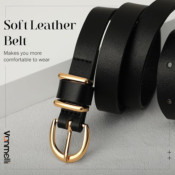 VONMELLI Womens Skinny Leather Belt Thin Waist Belts for Women Fashion Dress Jeans with Gold Buckle