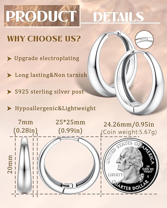 14K Gold Plated Small Chunky Hoop Earrings Sterling Silver Post - Hypoallergenic Trendy Thick Lightweight Silver Plated Huggie Hoops Dainty Hoop Earrings for Women Non Tarnish Jewelry Gifts