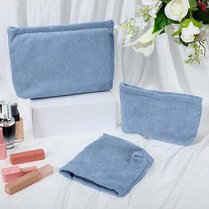 Sanwuta 3 Pack Corduroy Makeup Bag Set Cosmetic Toiletry Travel Pouch Organizer Velvet Makeup Bag for Women Large Pouch Zipper Purse Make up Organizer, Women Girls Gift(Misty Blue)