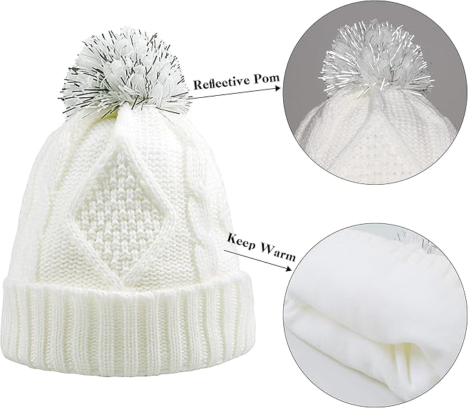 Winter Hat Gloves Scarf Set for Women, Cable Knit Beanie Pom Cap Touch Screen Glove Long Scarf 3PCS Winter Gift for Women Men