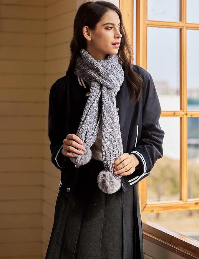 Womens Chenille Scarf with Pompom Winter Knit Warm Scarves for Cold Weather with Gift Box