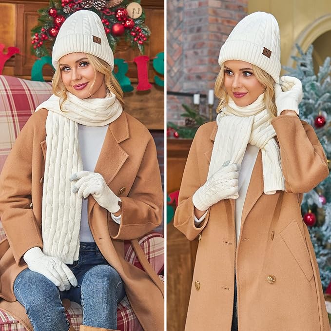 Womens Winter Beanie Hats Long Scarf Touchscreen Gloves Set Warm Knit Skull Caps Gifts for Women