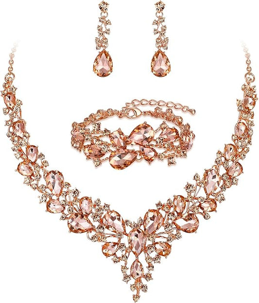 BriLove Wedding Bridal Jewelery for Women Austrian Crystal Teardrop Cluster Statement Necklace Dangle Earrings Link Bracelet Set