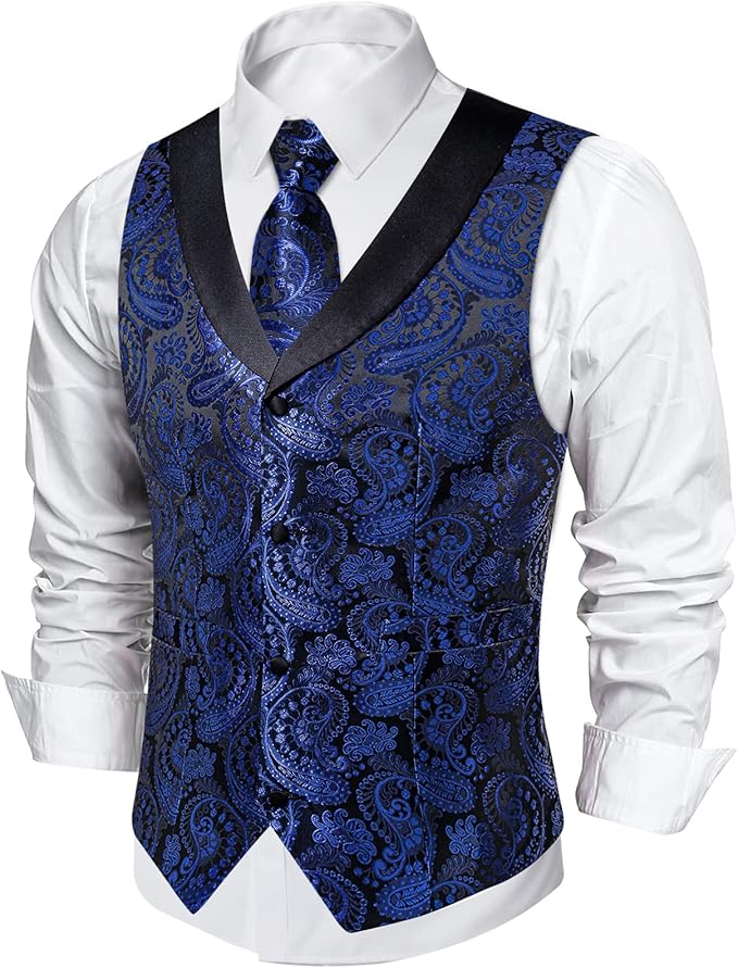 DiBanGu Mens Paisley Suit Vest Silk Jacquard Waistcoat and Necktie Set Formal Shawl Collar Dress Vest 7PCS for Wedding Party