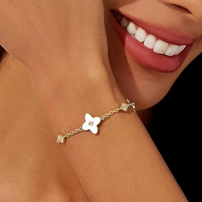 Cicy Bell Womens 18k Gold Plated White Shell Cubic Zirconia Square Cross Adjustable Chain Link Bracelets 6.69" with 2" Extender