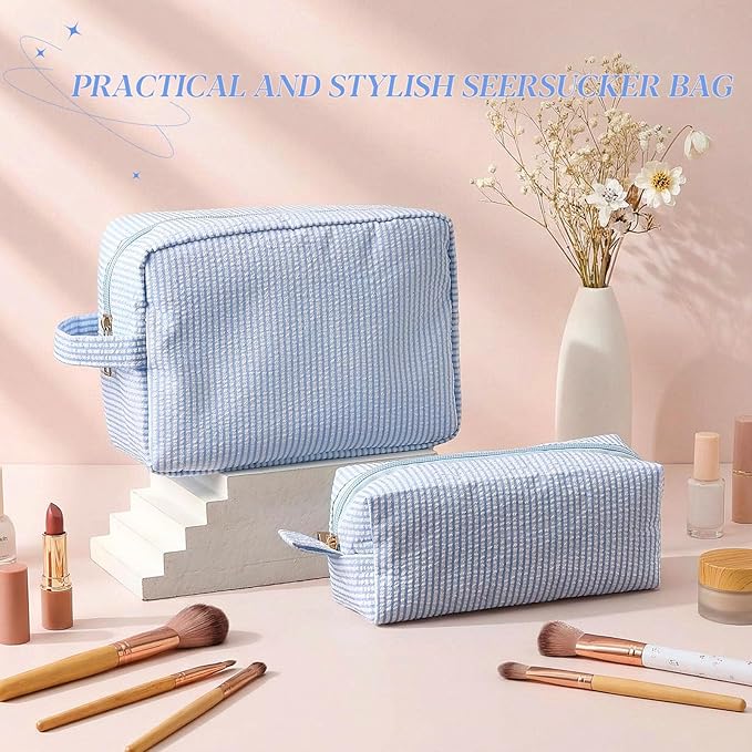 Sanwuta 2 Pcs Makeup Bag Set Seersucker Cosmetic Bag for Women Cute Stripe Travel Toiletry Organizer Aesthetic Preppy Storage Pouch for Girls Wedding Bridesmaid Valentine's Day Gifts(Light Blue)