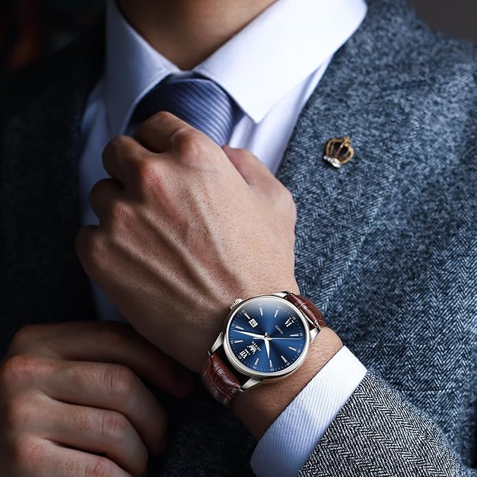 OLEVS Mens Watches, Dress Waterproof Classic Analog Casual Luxury Wrist Watch for Men with Date, Easy to Read Relojes para Hombres Male Quartz Wristwatch with Brown Black Leather Band Blue Black Dial