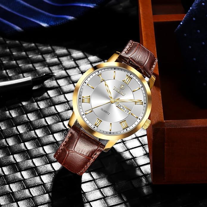 Leather Band Mens Watches with Day Date Quartz Analog Large Face Classic Watch Roman Numerals Dress Luminous Rlojes para Hombres