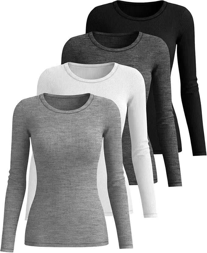 Neer 4 Pack Women's Ribbed Long Sleeve Shirts, Cotton Crew Neck Slim Fit Tops Stretch Knit Casual Base Layer Basic Tee Shirts