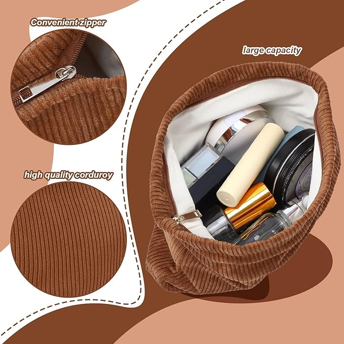 Sanwuta 3 Pack Corduroy Makeup Bag Set Cosmetic Toiletry Travel Pouch Organizer Velvet Makeup Bag for Women Large Pouch Zipper Purse Make up Organizer, Women Girls Gift(Brown)