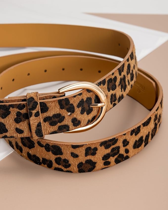 Women’s Leopard Print Leather Belts for Women, Cheetah Print Belt with Gold Buckle, Width 1.46"