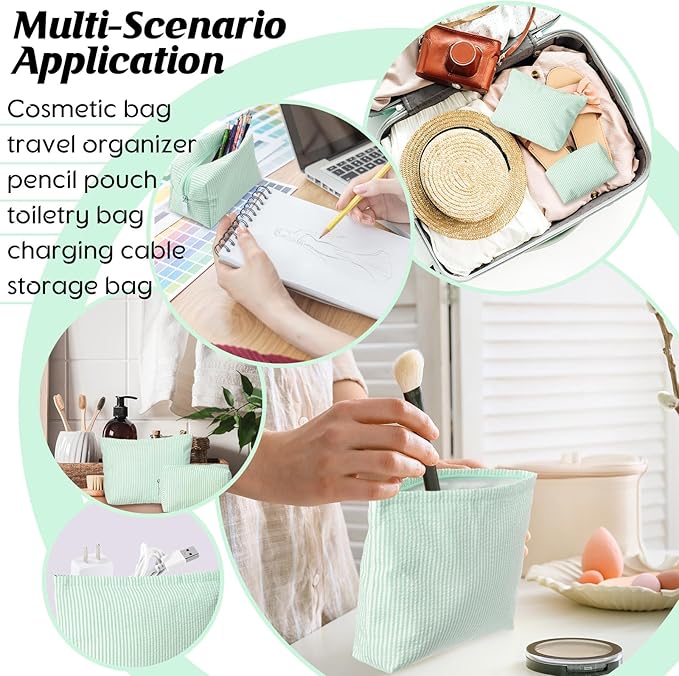 2 Pieces Makeup Bag Set Cute Cosmetic Pouch for Women Seersucker Travel Toiletry Bag Preppy Small Makeup Purse Pouch Aesthetic Skincare Brushes Storage Organizer for Christmas Women(Green)