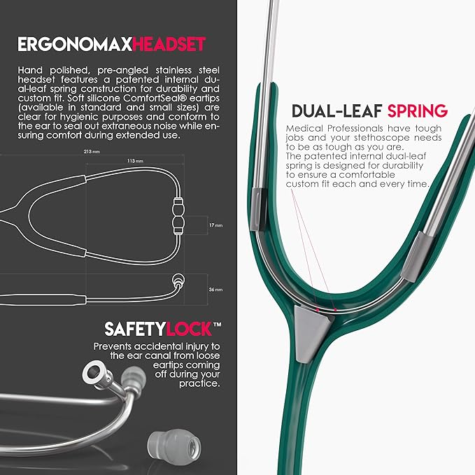 MDF Instruments, Acoustica Lightweight Stethoscope for Doctors, Nurses, Students, Home Health Use, Adult, Dual Head, Dark Green Tube, Silver Chestpiece-Headset, MDF747XP09