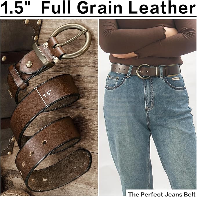 Women's 1.5 inch Leather Belt with Large Brass Buckle - Trendy Vintage Style for Jeans and Pants