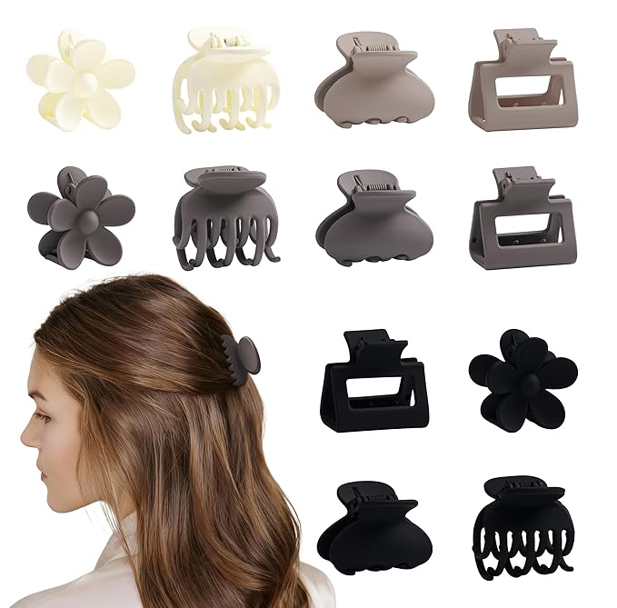 Matte Hair Clips for Women, 12 PCS Small Hair Claw Clips for Thin/Medium Fine Hair 1.6 Inch Banana Claw Clips 4 Style Non-Slip Cute Hair Accessories