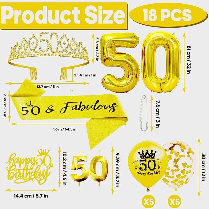 50th Birthday Decorations for Her Girls Set, Include 50th Birthday Crown and 50 Sash, 50th Birthday Cake Topper and 50 Birthday Candles, Gold 50 Balloons, Women 50th Party Supplies(Gold)
