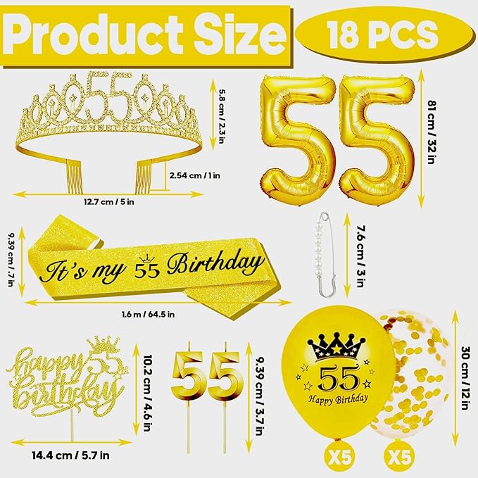 55th Birthday Decorations for Her Girls Set, Include 55th Birthday Crown and 55 Sash, 55th Birthday Cake Topper and 55 Birthday Candles, Gold 55 Balloons, Women 55th Party Supplies(Gold)