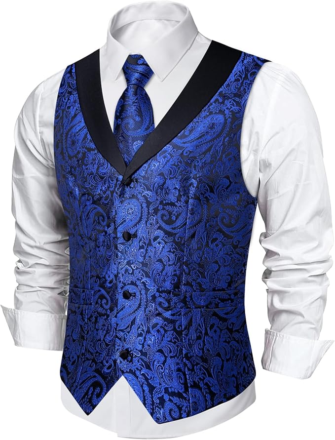 DiBanGu Mens Paisley Suit Vest Silk Jacquard Waistcoat and Necktie Set Formal Shawl Collar Dress Vest 7PCS for Wedding Party