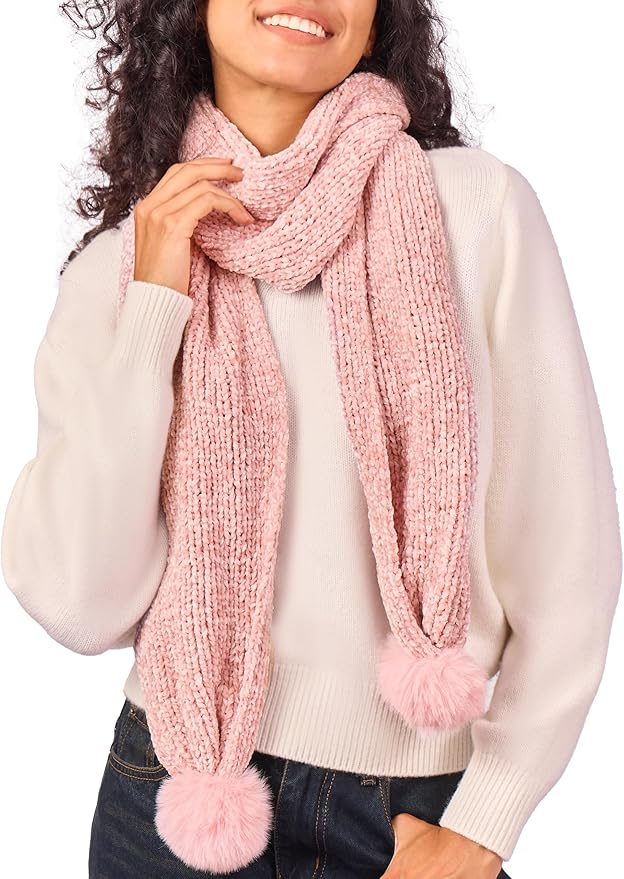 Womens Chenille Scarf with Pompom Winter Knit Warm Scarves for Cold Weather with Gift Box