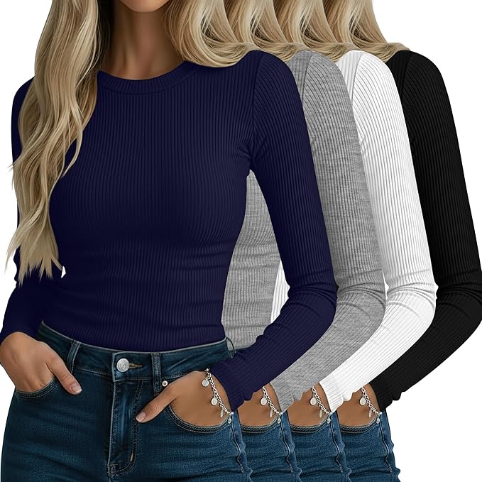 Neer 4 Pack Women's Ribbed Long Sleeve Shirts, Cotton Crew Neck Slim Fit Tops Stretch Knit Casual Base Layer Basic Tee Shirts