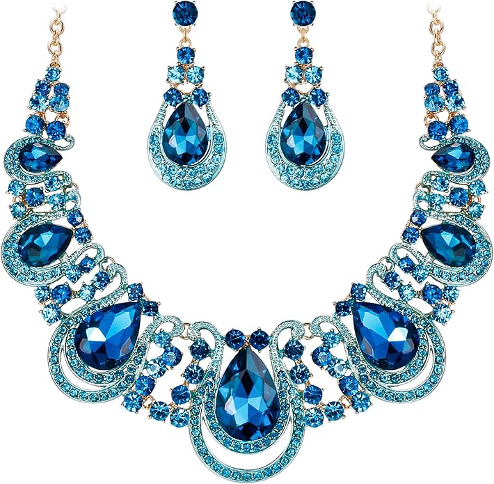 BriLove Women's Costume Fashion Crystal Teardrop Hollow Scroll Statement Necklace Dangle Earrings Set