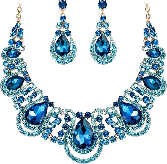 BriLove Women's Costume Fashion Crystal Teardrop Hollow Scroll Statement Necklace Dangle Earrings Set