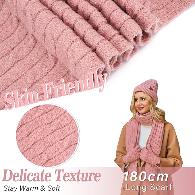 Womens Winter Beanie Hats Long Scarf Touchscreen Gloves Set Warm Knit Skull Caps Gifts for Women