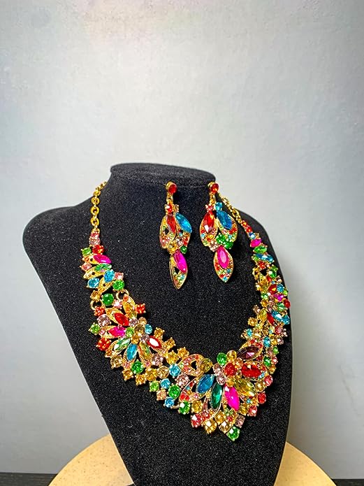 Women Jewelry Set Rhinestone Crystal Green Bride Statement Choker Necklace Teardrop Cluster Dangle Earrings Set for Wedding Party