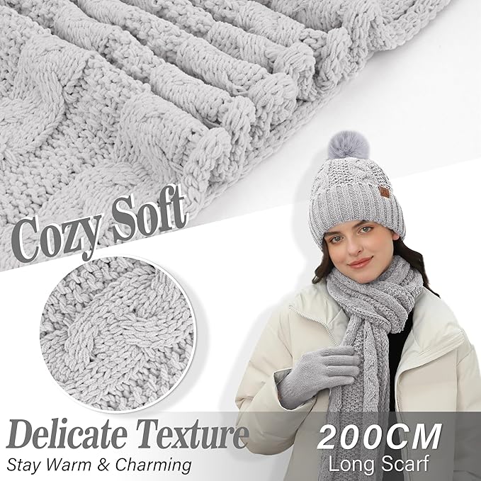 Womens Winter Beanie Hats Scarf Touchscreen Gloves Set Chenille Knit Fleece Lined Beanies Pompom Hat Scarves