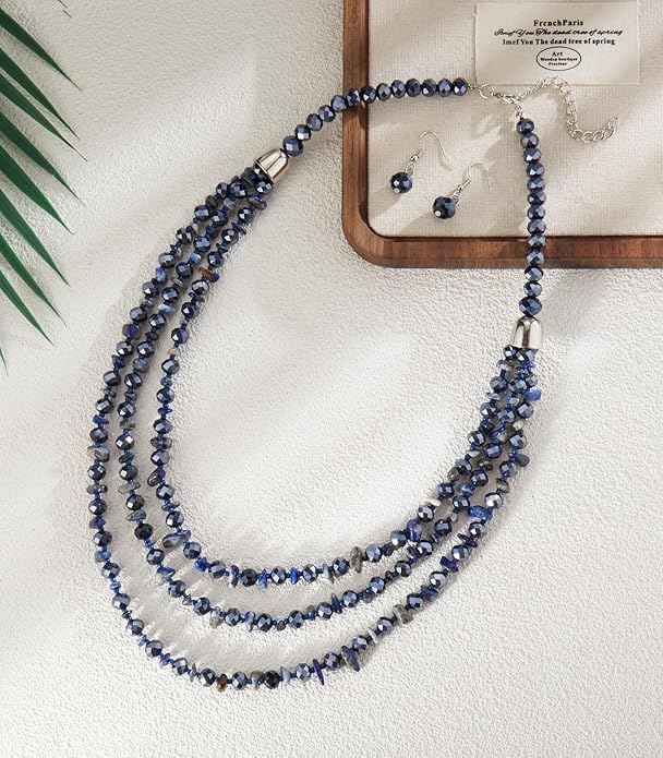 Layered Beaded Statement Necklace Multi Strand Crystal Beads Collar Necklace and Earring Sets for Women Fashion Costume Jewelry Set Gifts for Her