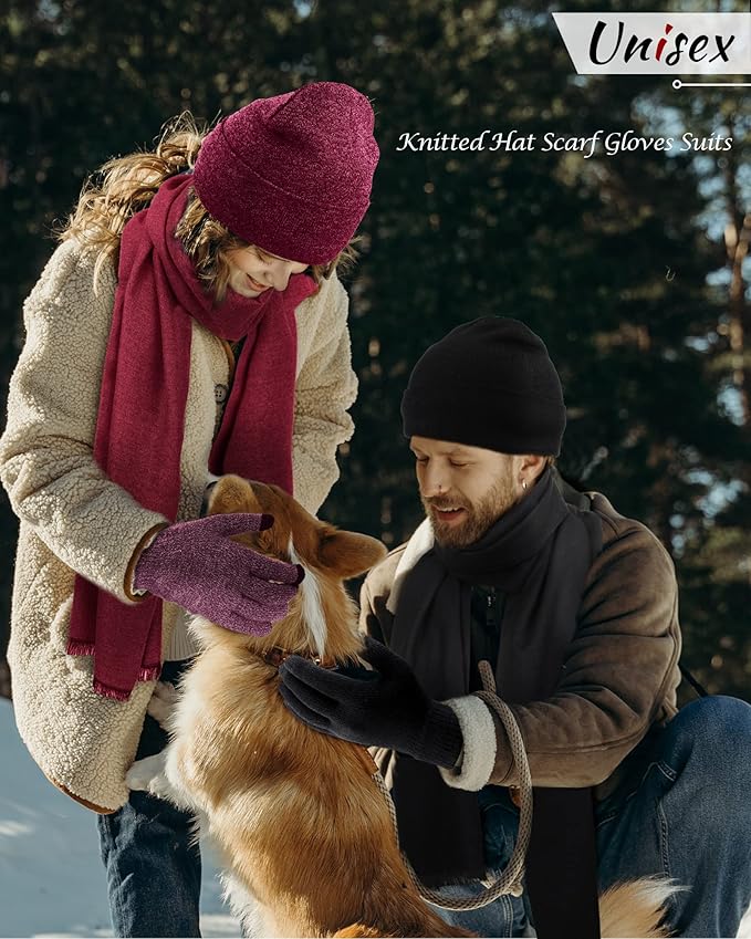 6 Pieces Women Men Knit Winter Warm Beanie Hat Touchscreen Gloves Scarf Set Fleece Lining Skull Caps Neck Scarves (Black, Wine Red)