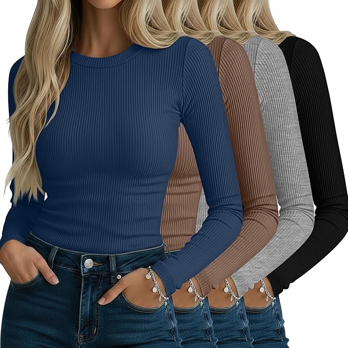 Neer 4 Pack Women's Ribbed Long Sleeve Shirts, Cotton Crew Neck Slim Fit Tops Stretch Knit Casual Base Layer Basic Tee Shirts