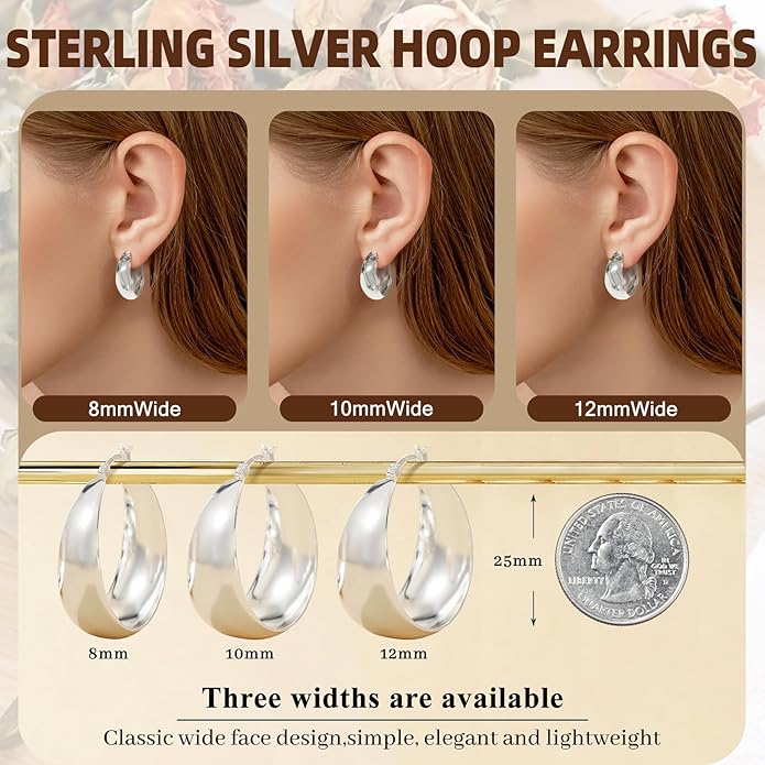 Senteria 12mm Wide Thick Hoop Earrings 925 Sterling Silver Hoop Earrings for Women Hypoallergenic 14K Real Gold Plated Hoops Large Earring Lightweight Chunky Hoops Earring for Women 25/30/40/50MM