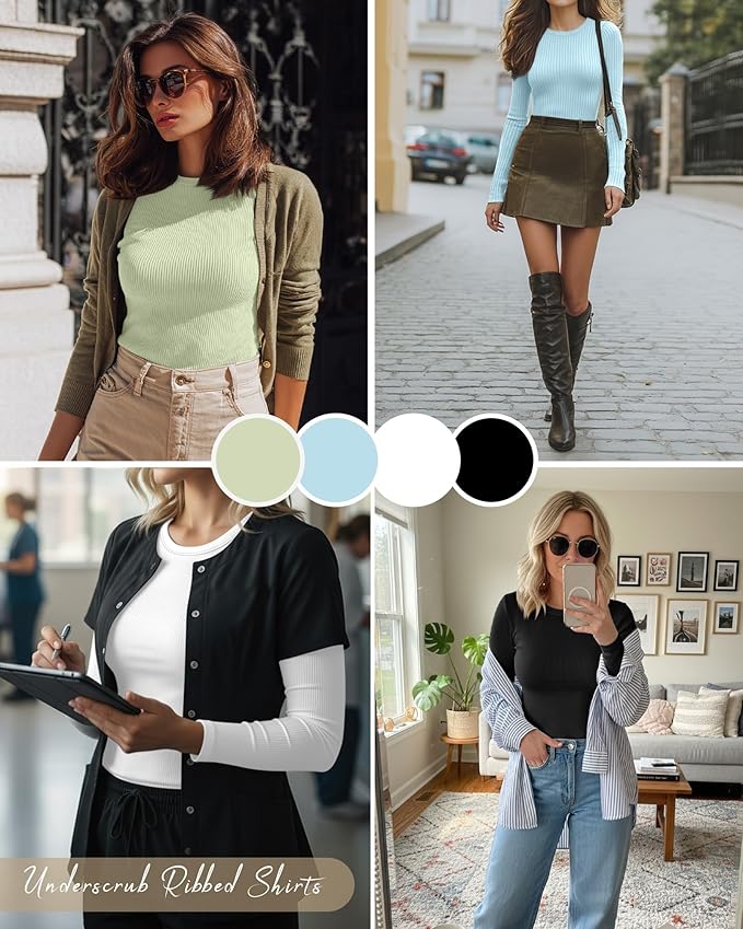 Neer 4 Pack Women's Ribbed Long Sleeve Shirts, Cotton Crew Neck Slim Fit Tops Stretch Knit Casual Base Layer Basic Tee Shirts