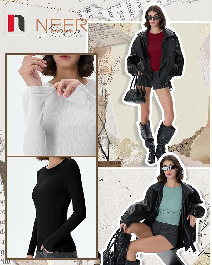 Neer 4 Pack Women's Ribbed Long Sleeve Shirts, Cotton Crew Neck Slim Fit Tops Stretch Knit Casual Base Layer Basic Tee Shirts