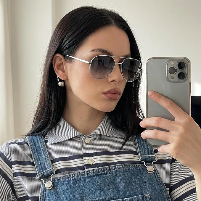 SODQW Trendy Aviator Sunglasses for Women with Earring Gold Metal Frame Fashion Sun Glasses