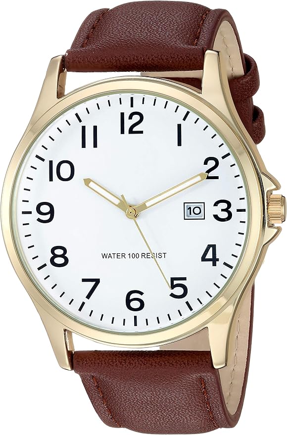 Amazon Essentials Men's Easy to Read 42mm Leather Band Analog Watch