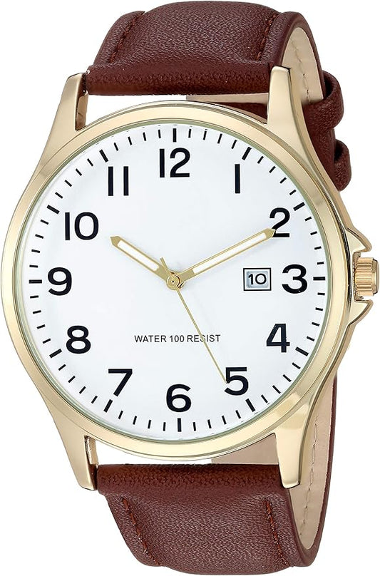 Amazon Essentials Men's Easy to Read 42mm Leather Band Analog Watch