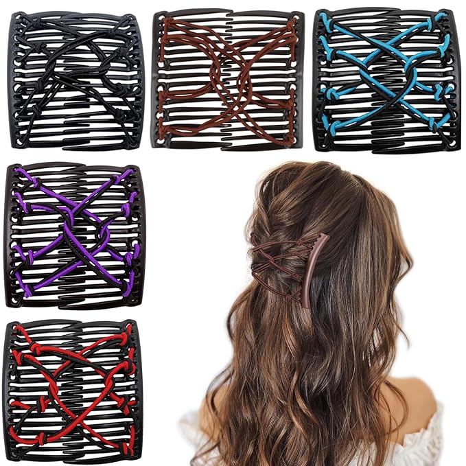 5 Pieces Stretchy Magic Hair Comb Adjustable Elastic Comb Clip for Women Girls No Crease Hair Pins Vintage Bun Maker for Curly Thick Wavy Hair Ponytail