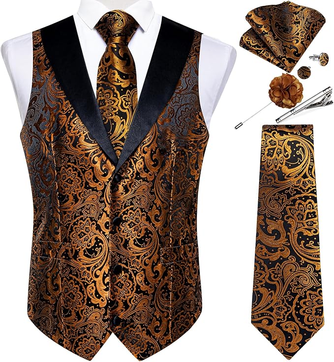 DiBanGu Mens Paisley Suit Vest Silk Jacquard Waistcoat and Necktie Set Formal Shawl Collar Dress Vest 7PCS for Wedding Party