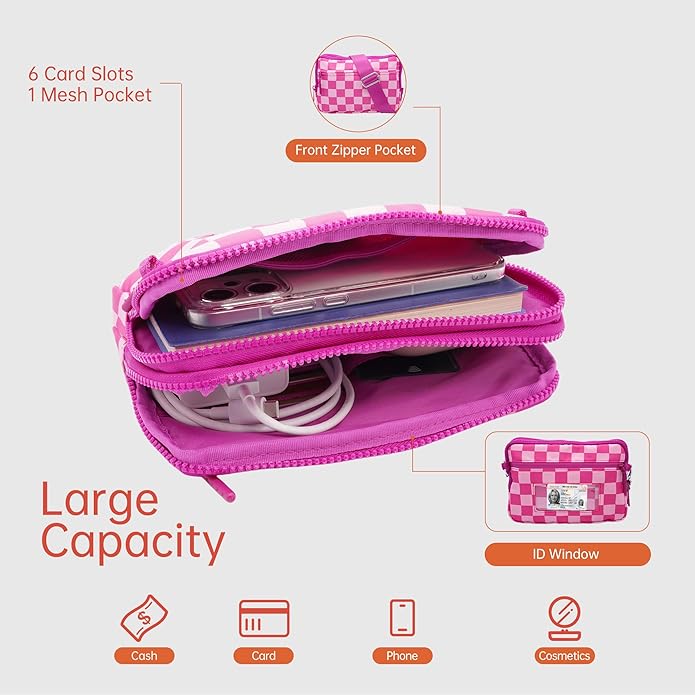 Wristlet Wallets for Women Checkered Nylon Quilted Wallet Travel Crossbody Bags with 4 Zippers Coin Card Phone Holder